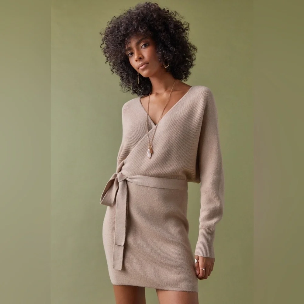 Tan Asymmetrical Wrap Sweater Dress - Picture 4 of 6